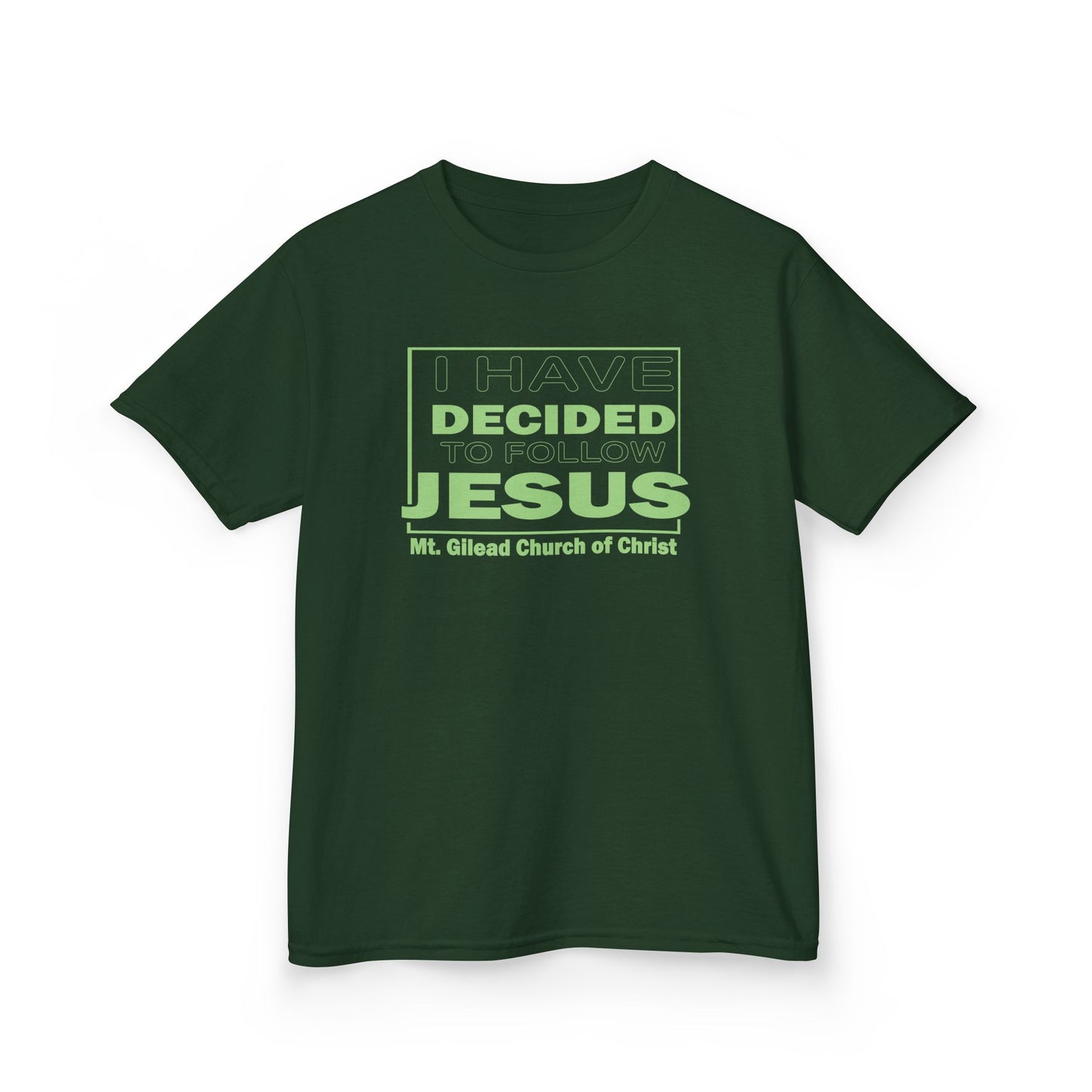 Kids T-Shirt — "I Have Decided to Follow Jesus" Neon Green Youth Church Tee